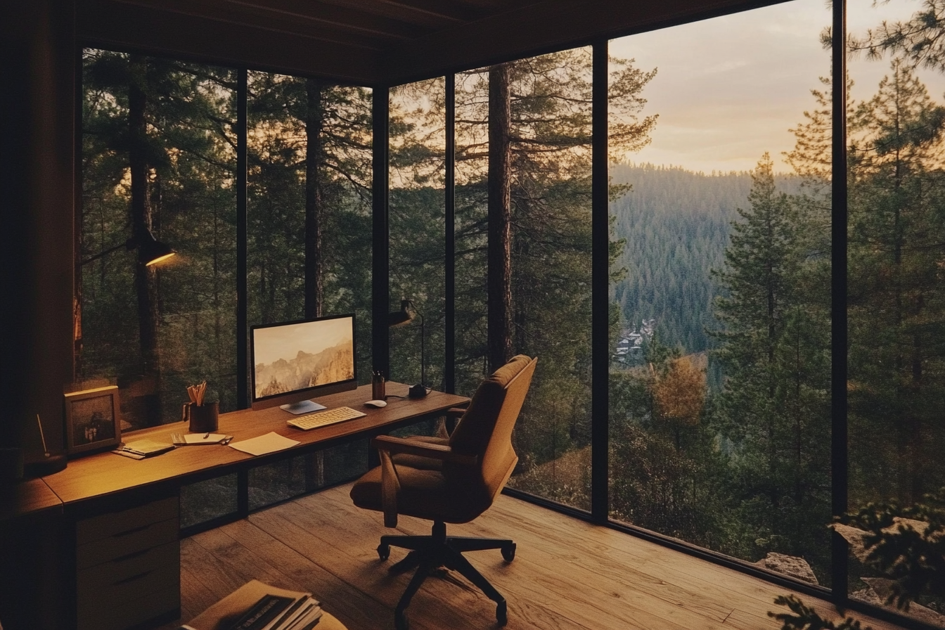A person at a desk facing a bright digital glow